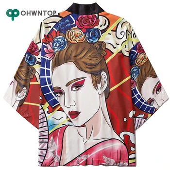

Japanese Kimono Jacket Floral Geisha Print Kimono Cardigan Jacket Coat Men Harajuku Casual Loose Jackets Tops Streetwear Hip Hop