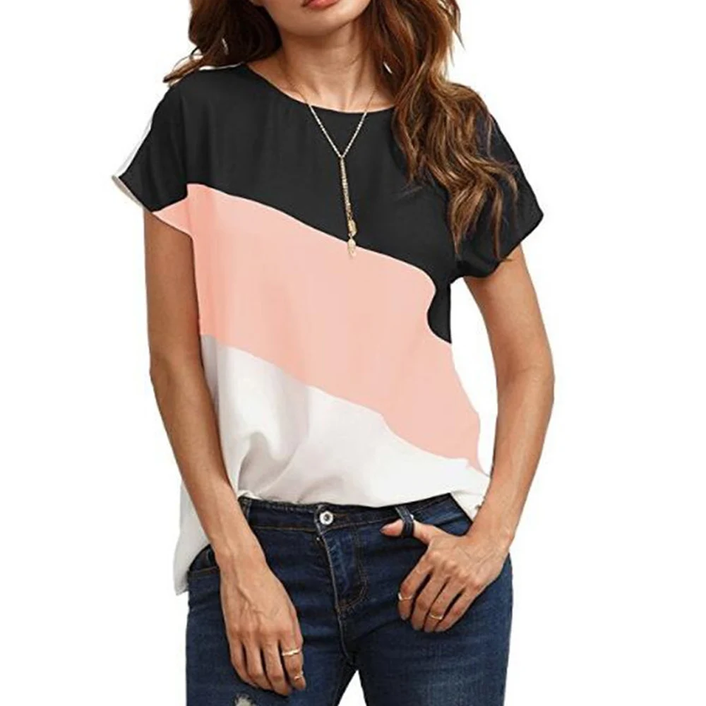 

Summer T-shirts Women Fashion Short Sleeve Color Patchwork Tee Tops Casual Chiffon Tshirts WDC3066