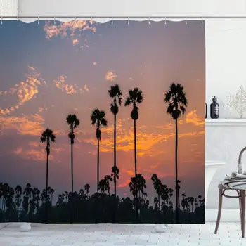 

Shower Curtain Set with Hooks for Bathroom 72x72 Morning Evening Landscape Silhouettes Reflection Silhouette Or Palm Nature