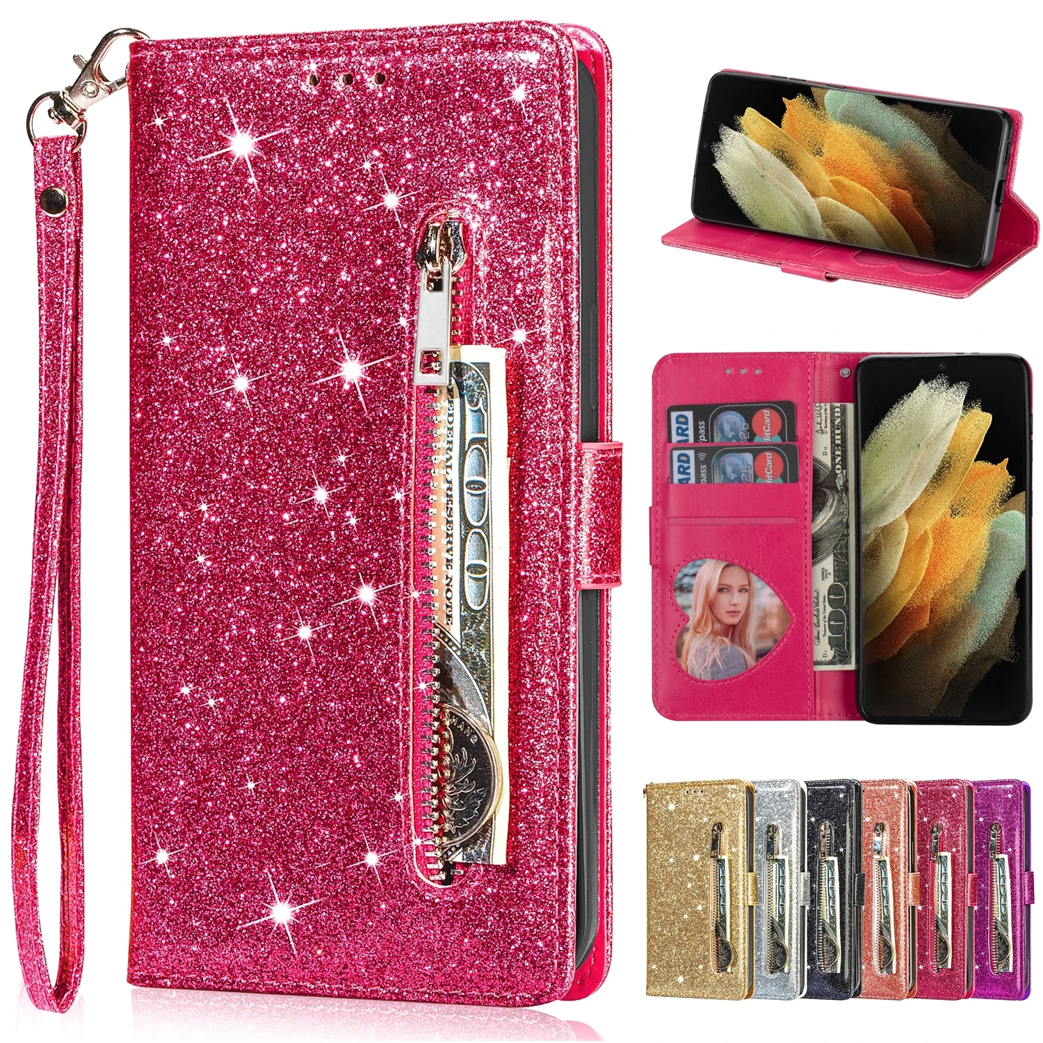 Glitter Leather Zipper Flip Phone Wallet Case