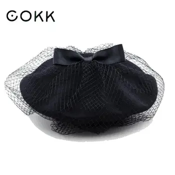 

COKK Womens Hats Winter Beret Elegant Black Bow Mesh Yarn Women Hat Wool Beret French Hat Female Pink Red Black Gorras 2020 New