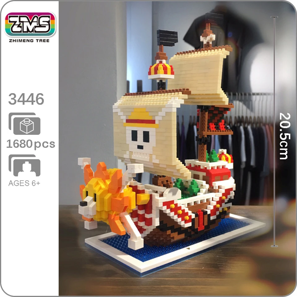 

ZMS Anime One Piece Luffy Thousand Sunny Pirates Ship Boat Building Blocks 3D Model Mini Diamond Bricks Assembly Toy Boy Gifts