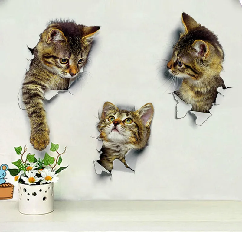 Hole View Vivid Cats 3D Wall Sticker Bathroom Toilet Living Room Kitchen Decoration Animal Vinyl Decals Art Sticker Poster 1