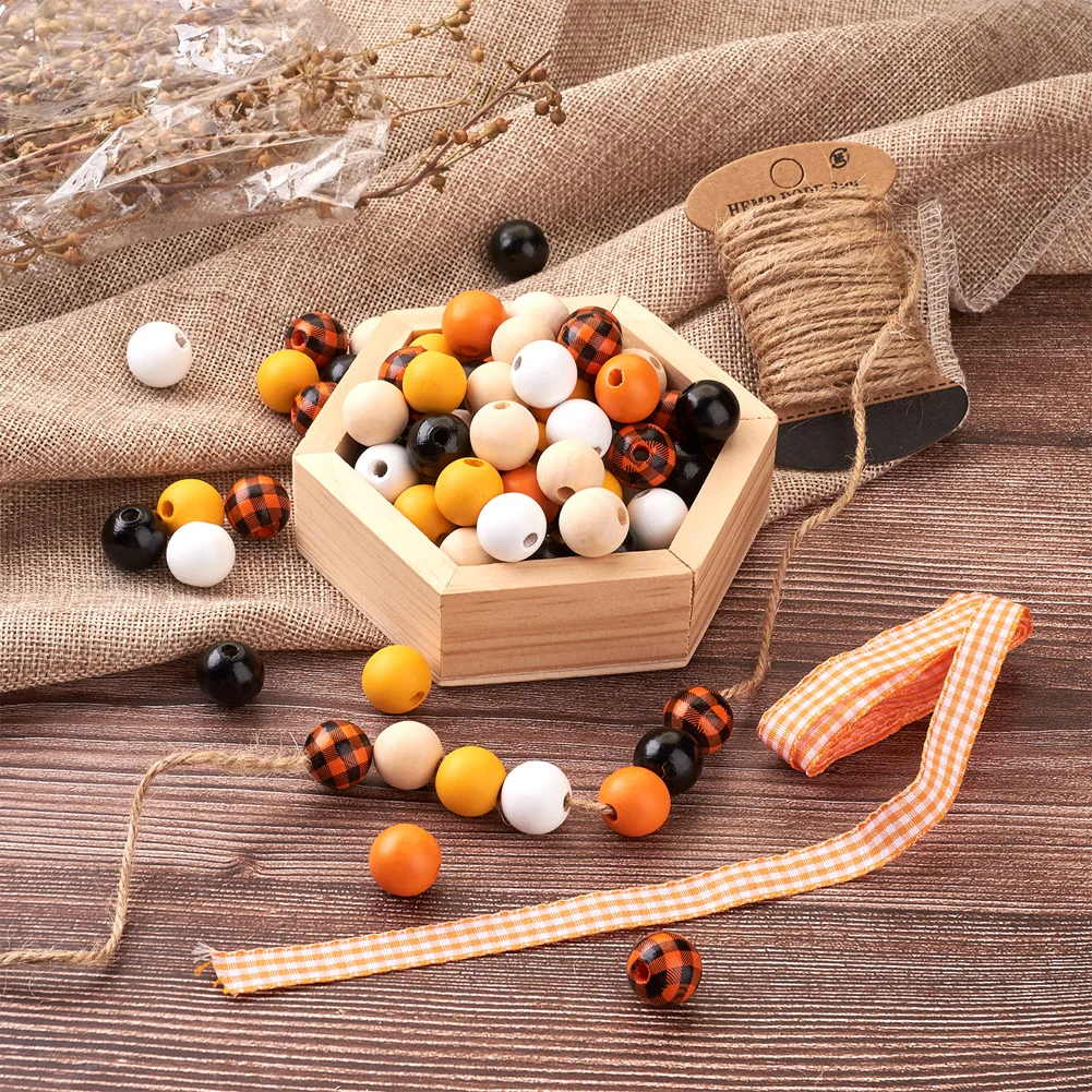 120Pcs 16mm Natural Wood Beads Round Ball Wooden Beads Spacers with Jute Cord for Jewelry DIY Halloween Bead Garland Home Decor