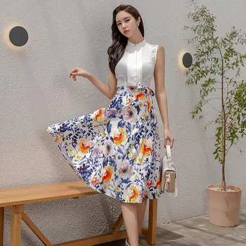 

New 2 piece set suit for women Summer Sleeveless stand white tops And elegant print knee Skirt polyester Sexy Ladies Office Suit