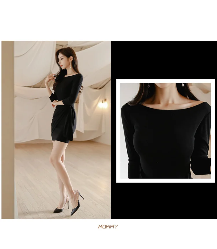 Plus Size Black Brief Mini Dress Women Soli Casual Autumn Winter Dresses Women Wrist Corset Bodycon Wrap Work Dress Ladies Ropa