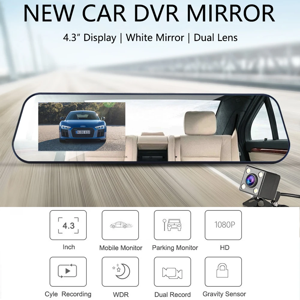 Dash камера, Автомобильный видеорегистратор 4,3, белое Автомобильное зеркало заднего вида, цифровой видеорегистратор, авто регистратор, видеокамера FHD 1080 P, камера заднего вида