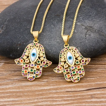 

2020 New Trendy Gold Turkey Evil Eye Hamsa Hands Fatima Palm Chain Necklace For Women Charm Copper CZ Party Bar Jewelry Gifts