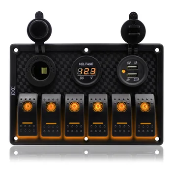 

12-24V 6Gang Waterproof Digital Voltmeter Dual USB Port Toggle Switch Panel Breaker Orange LED 2 USB RV Car Marine Boat