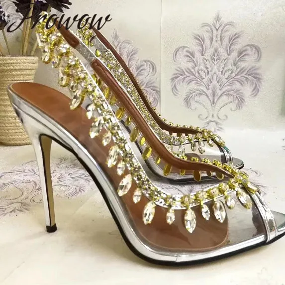 

Prowow New Spring Summer Clear Transparent PVC HIgh Heel Pumps Open Toe Crystal Beading HIgh Heels Shoes Women