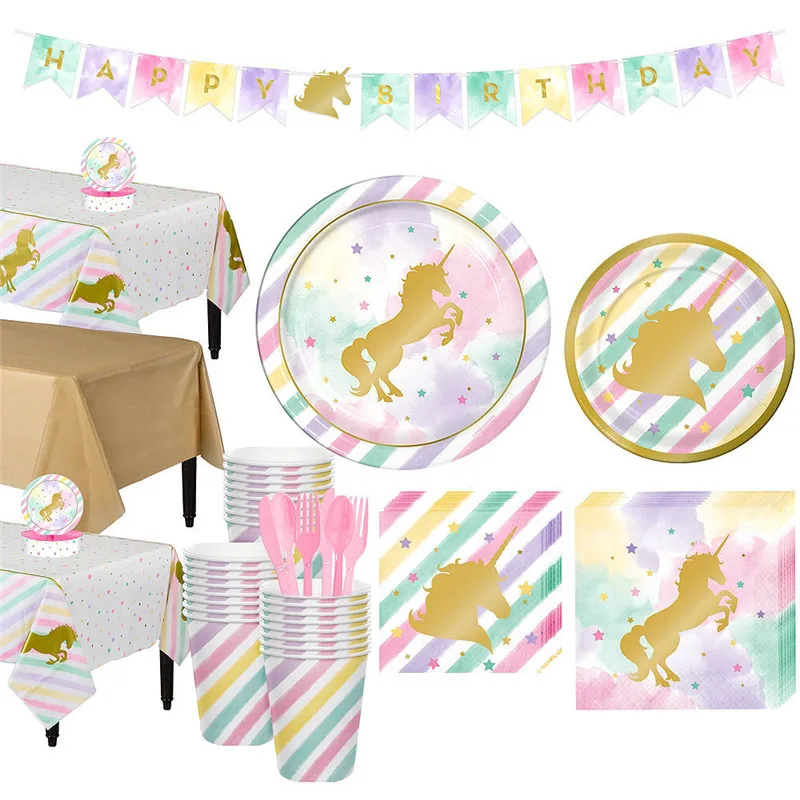 Unicorn Themed Party Paper Plates Cups Napkin Happy Birthday Party