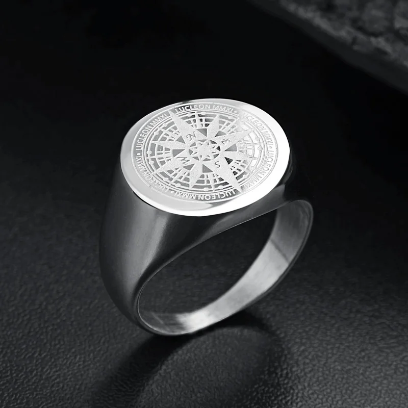 Мужское кольцо с печатью, круглое гравированное кольцо с компасом для мужчин и женщин из нержавеющей стали, простые серебряные кольца, ювелирные изделия, Прямая