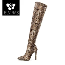 ELVIRAS-зимние женские сапоги выше колена из змеиной кожи; обувь без застежки из эластичной ткани на высоком каблуке; женские высокие сапоги с острым носком; Размеры 35-42