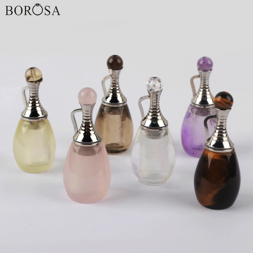 

BOROSA 3Pcs Silver Multi-kind Natural Stone Essential Oils Diffuser Perfume Bottle Pendant Amethysts White Quartz Jewelry WX1222