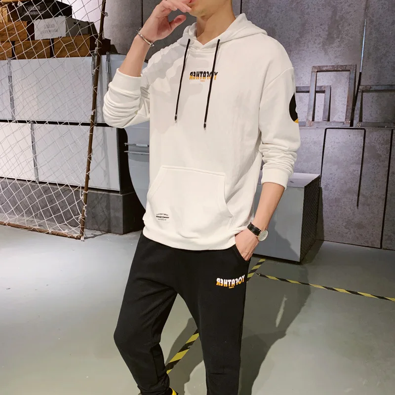 

2019 Spring And Autumn New Style MEN'S Casual Suit Teenager Hong Kong Style chao lian Cap Pullover Hoodie Suit Two-Piece Set