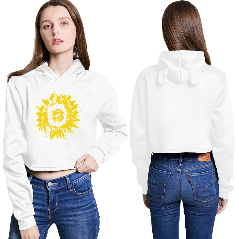 White Black Girl Women's Hoodies Casual Long Sleeve Rabbit Ear Hoodies Tops Oversized Pullover Sunflower Printing Sweatshirt
