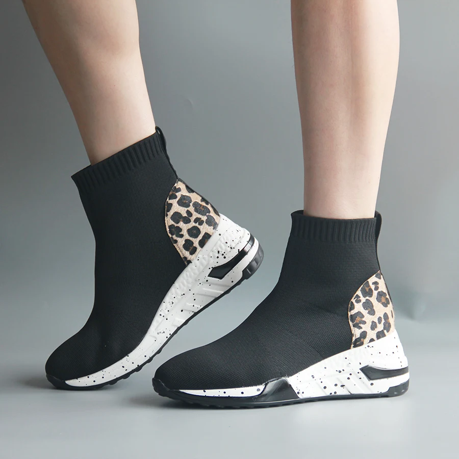 High top sock shoes women platform sneakers ladies causal fashion knitted sock shoes slip leopard brand designer