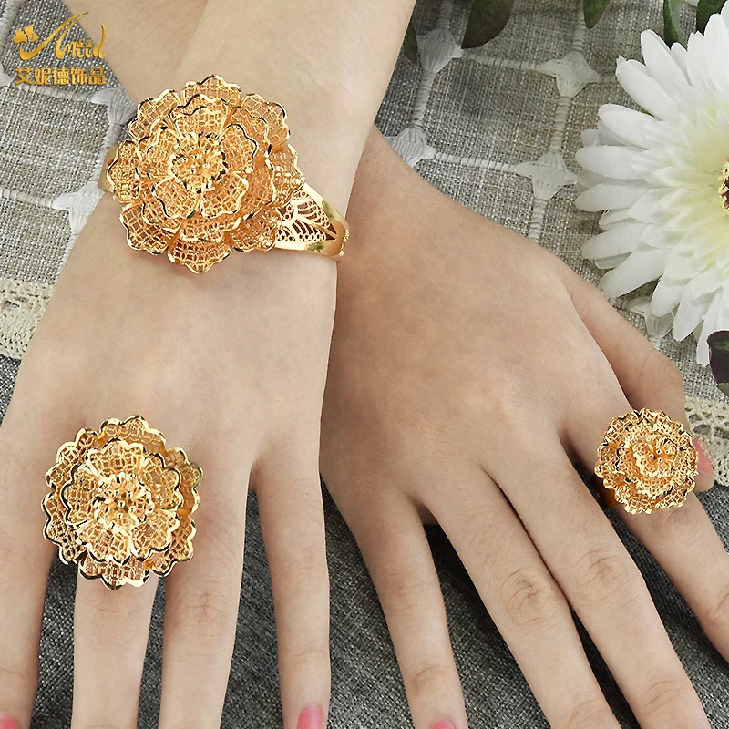 Dubai Big Bracelets Cuff Bangles Ring Gold Plated Flower Design Bridal  Wedding Copper Jewelry For Women Wedding Gift  Bangles  AliExpress