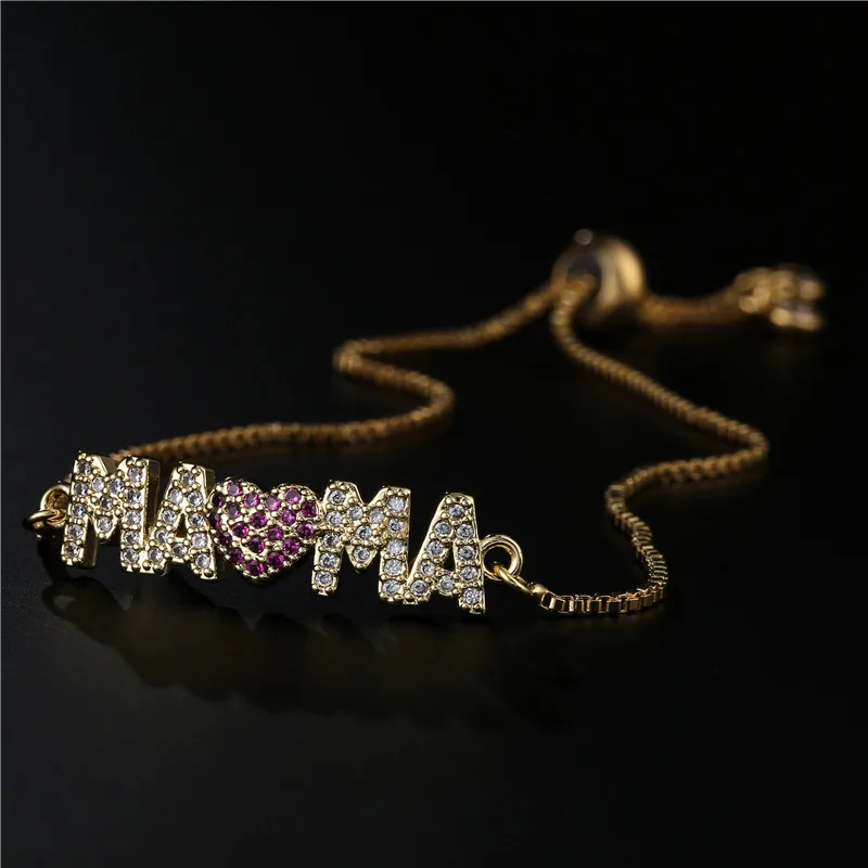 Fashion Gold Color "Mama" Charm Bracelets For Women Girl Adjustable Chain Length Luxury CZ Jewelry Gift For Mom