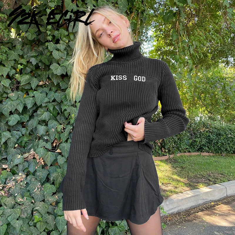 

Y2K EGIRL Punk Style Letter Printing Turtleneck Sweaters Vintage Ribbed Long Sleeve Knitted Black Jumpers Autumn Gothic Pullove