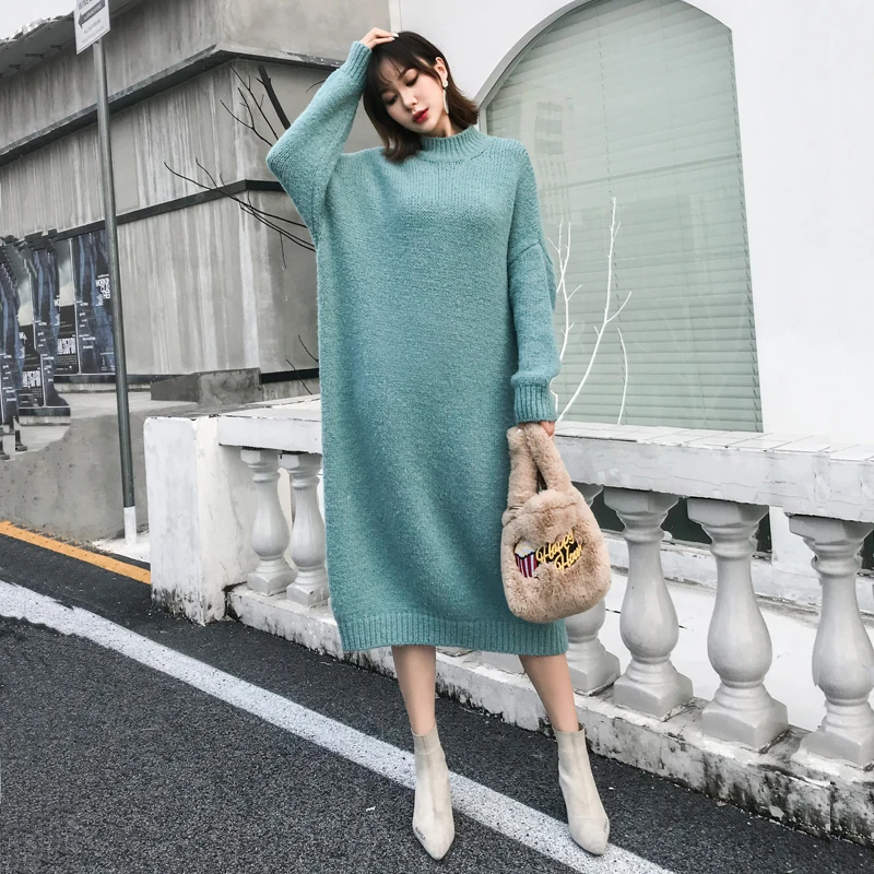 

2019 Women Autumn And Winter Simple Long Knitted Dress Loose Casual Mandarin Collar Solid Female Mid-Calf Dresses