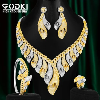

GODKI Luxury 4PCS Lily Flowers African Jewelry Set For Women Wedding Engagement Party Cubic Zircon Dubai Bridal jewelry Set 2020