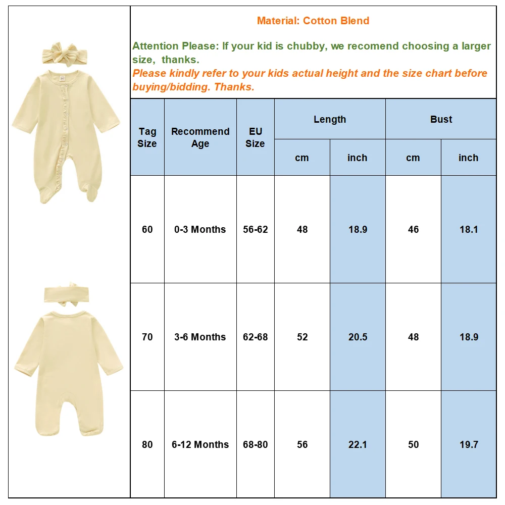 Органический хлопковый комбинезон на кнопках для маленьких девочек+ повязка на голову с длинными рукавами, однотонная одежда для сна с открытым носком спереди детские комбинезоны, D20