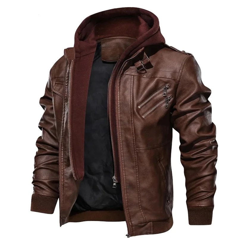 Mens Warm Jacket Winter Motorcycle Leather Jacket Windbreaker Hooded Pu ...