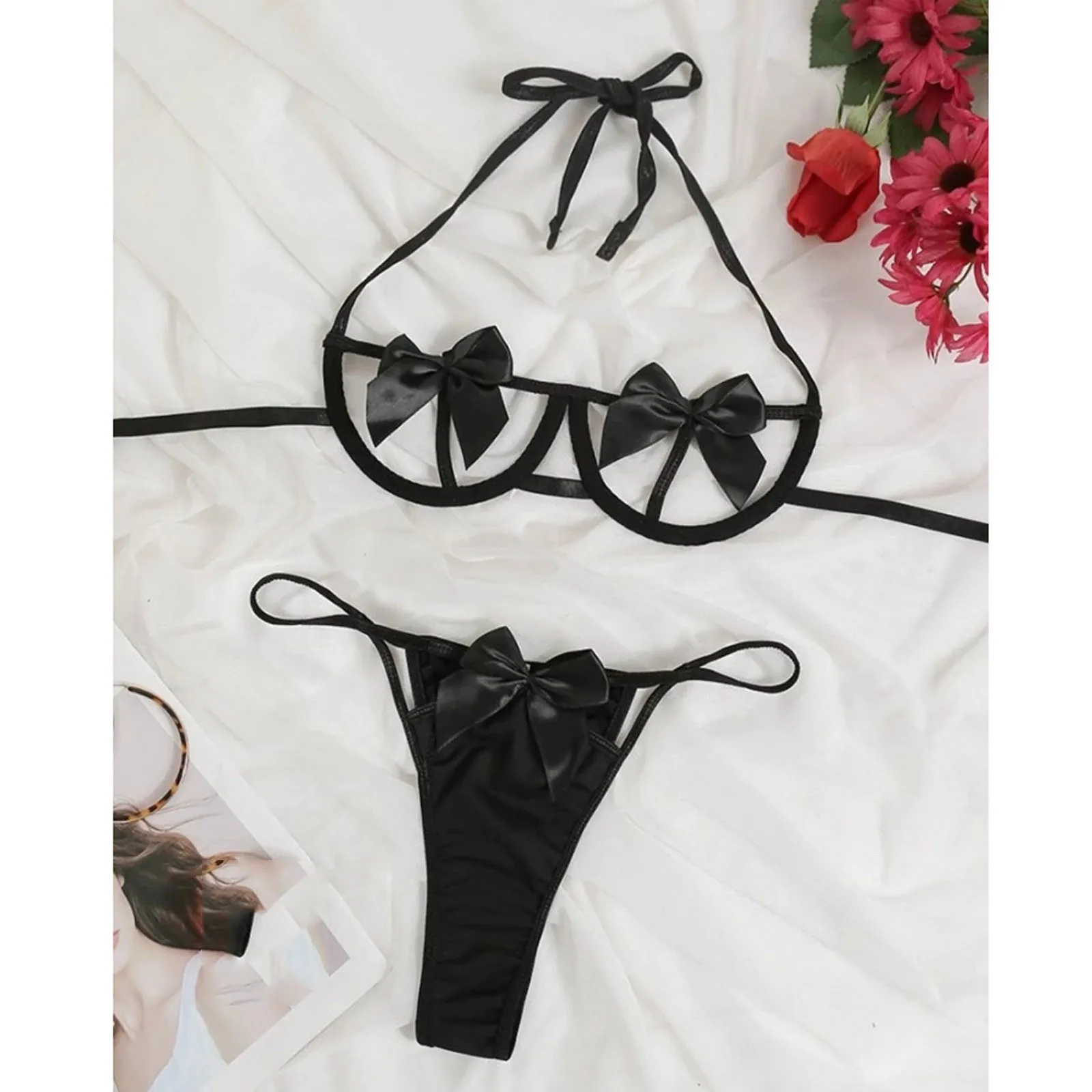 Erotic Lingerie Sexy Bowknot Bra Set Lenceria Sensual Mujer Women's Hollow Out Underwear Erotic Cut-out Bra Lingerie Sexy G String Garter Set