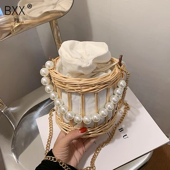 

[BXX] Weave Box Handbags For Women 2020 Summer Lady Travel Crossbody Shoulder Bags Female Pearl Handle Chain Bag HN765
