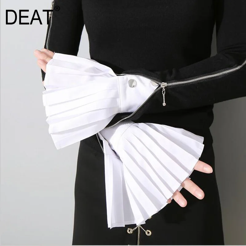 

[DEAT] 2020 Spring Fashion New Korean Solid Color White Blue Black Pleated Buttons False Cuff Oversleeve Cuff All-match ASS30080