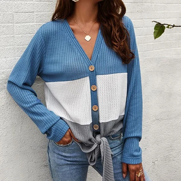 VIEUNSTA Women Blouses Autumn Long Sleeve Patchwork Knit Shirt Ladies V-neck Button Lace-up Elegant Tops Streetwear Blusas - Цвет: Blue