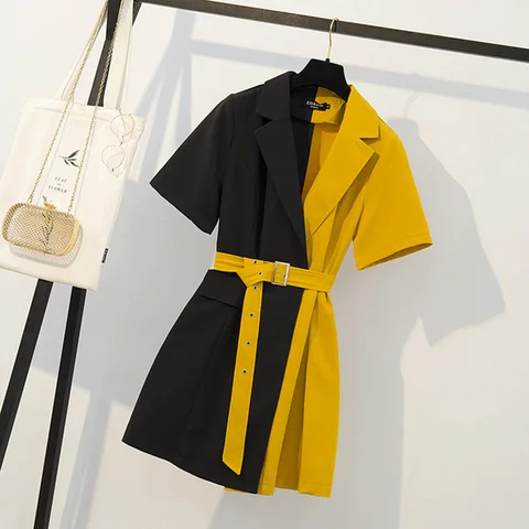 Women's Dress 2022 Patchwork Casual Shirt Mini Party Yellow Black Korean Fashion Style Women Clothing Ropa Mujer Verano