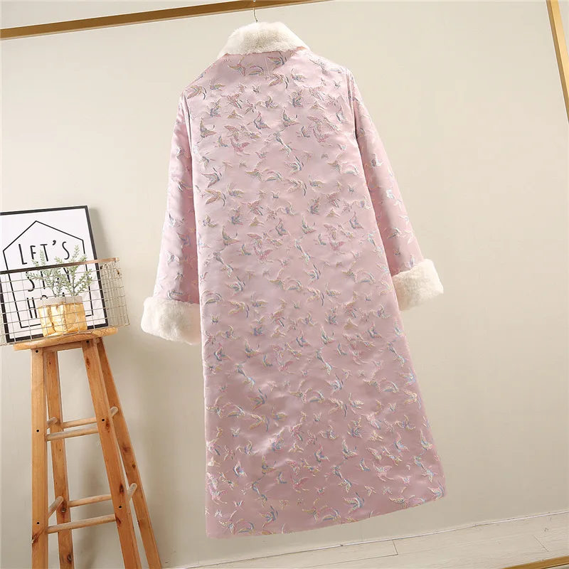 

Wonderful Lotus Chinese-style High Quality Brocade Cotton Coat Faux Rabbit Fur Collar Chinese Button Knots Xie Jin Cotton-padded