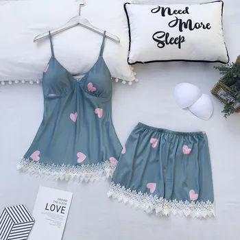 

Pajamas Women Satin Sleepwear Sexy Lace Lingerie Casual Heart Print Home Clothes Ladies 2 Piece Set Pajama Sets Pijama Mujer