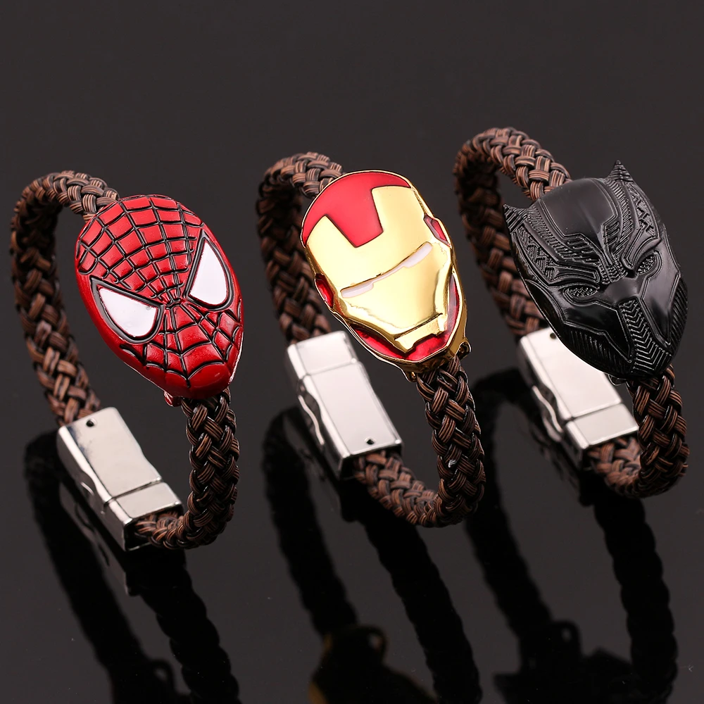Marvel The Avengers Superhero Bracciali Spiderman Iron Man Black Panther Mask Bracelet Bracciale Intrecciato A Catena