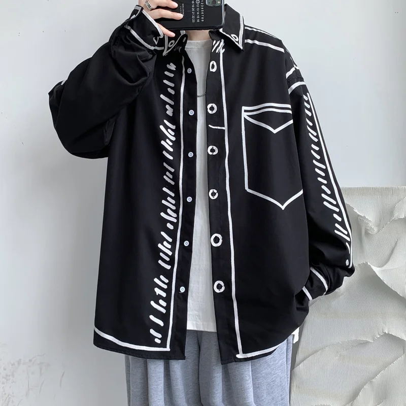 Hand painted graffiti shirt men's design sense of minority advanced sense of leisure Hong Kong style shirt hiphop fried Street mens dress shirt