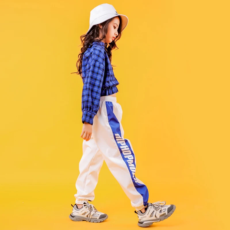 Blue Girls Boys Hip Hop Hoodies Dance Clothes for Kids Jazz Dancing Costumes SweaterShirt Ballroom Crop Tops Plaid Jogger Pants (5)
