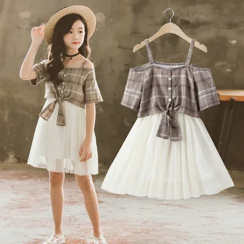 

Girl Dress 2020 New summer girl for Dresses Children Clothing Dress Fake two-piece Design 4-12 Year Fashion Girls Party Clothes