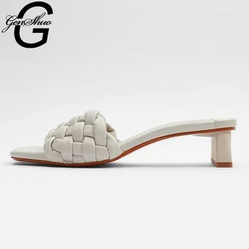 

GENSHUO Summer New Fashion High Quality Lattice PU Leather Peep Toe Shoe Womens Slippers Outdoor Rome Designer Sandals for Woman
