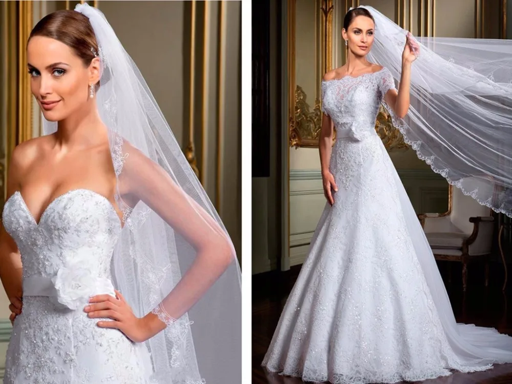 

casamento sweetheart 2015 New Wedding Gowns with Wraps Belt a-line Off Shoulder Short Sleeves lace Wedding Dresses with Jacket