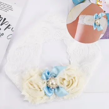 

Women Sexy Lace White Floral Garter Belt Bowknot Wedding Garters White Color With Blue Pearl Gift for Wife Women Female Bride