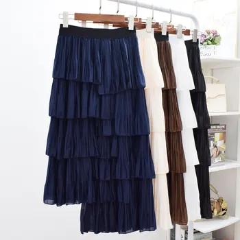 

Spring Autumn Irregular Cakee Layered Long Chiffon Skirt Korean Pleated Ruffled High Low Tiered A-line Long Skirts