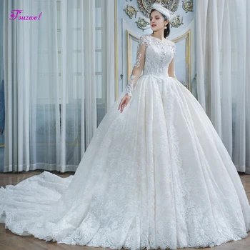

Fsuzwel Charming Scoop Neck Long Sleeve Ball Gown Wedding Dresses 2020 Gorgeous Lace Appliques Court Train Princess Bridal Gown