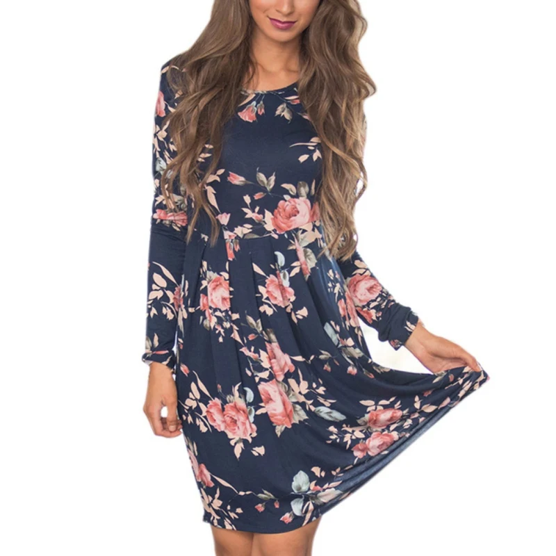 Модное женское шикарное разноцветное платье с цветочным принтом, платье трапециевидной формы с длинным рукавом и круглым вырезом, осеннее платье vestido OZZ9369 - Цвет: Тёмно-синий