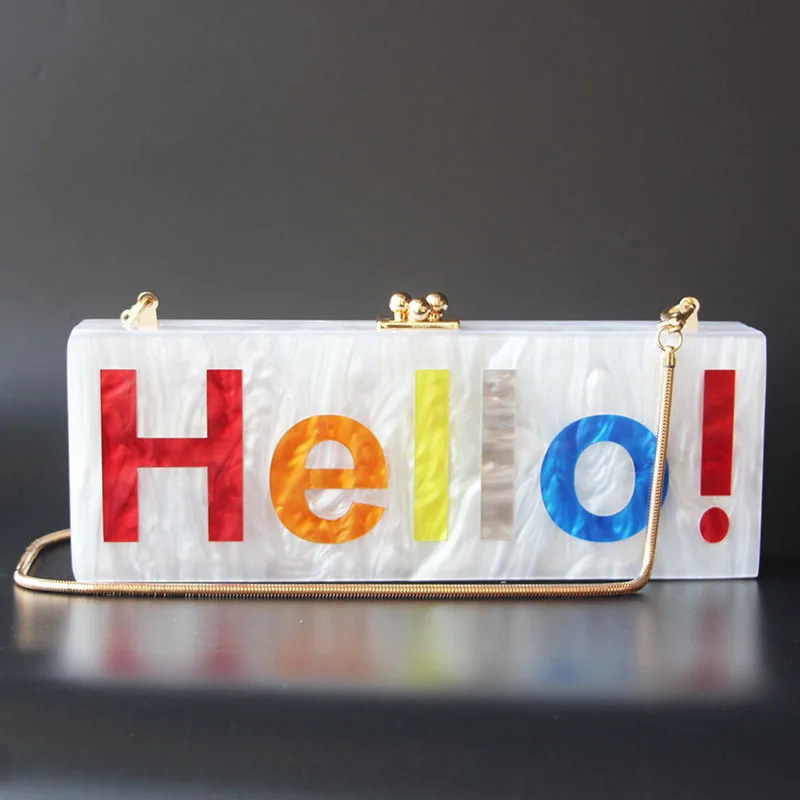 Acrylic Box Clutches Name Letters Colorful Hello Long Female Flap Evening Party Travel Summer Beach Women Shoulder Purses Wallet 