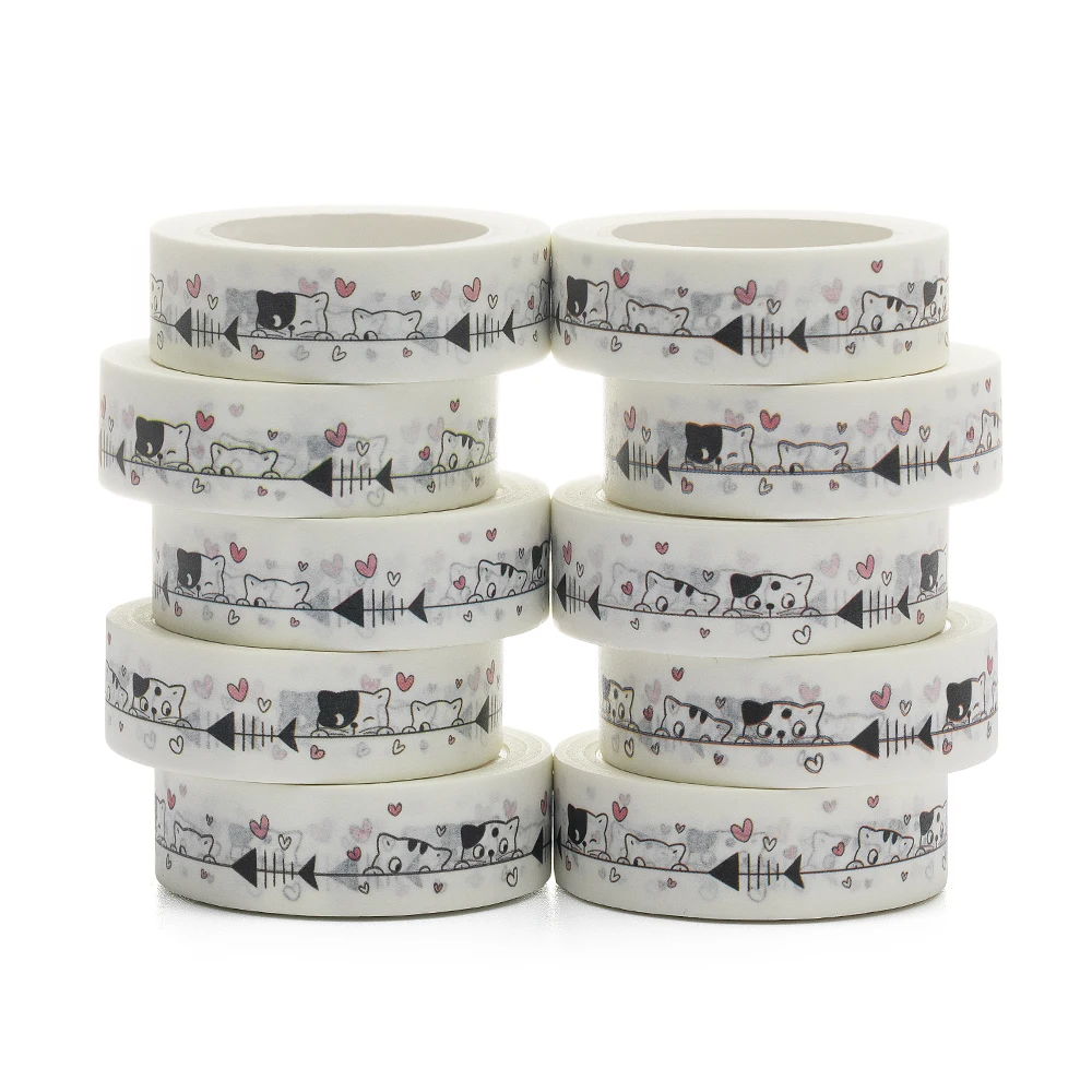 

NEW 10pcs/Lot 15mm x 10m Draw Cute Cats Look Fish White Cartoon Washi Tape Scrapbook Paper Masking Adhesive Washi Tape