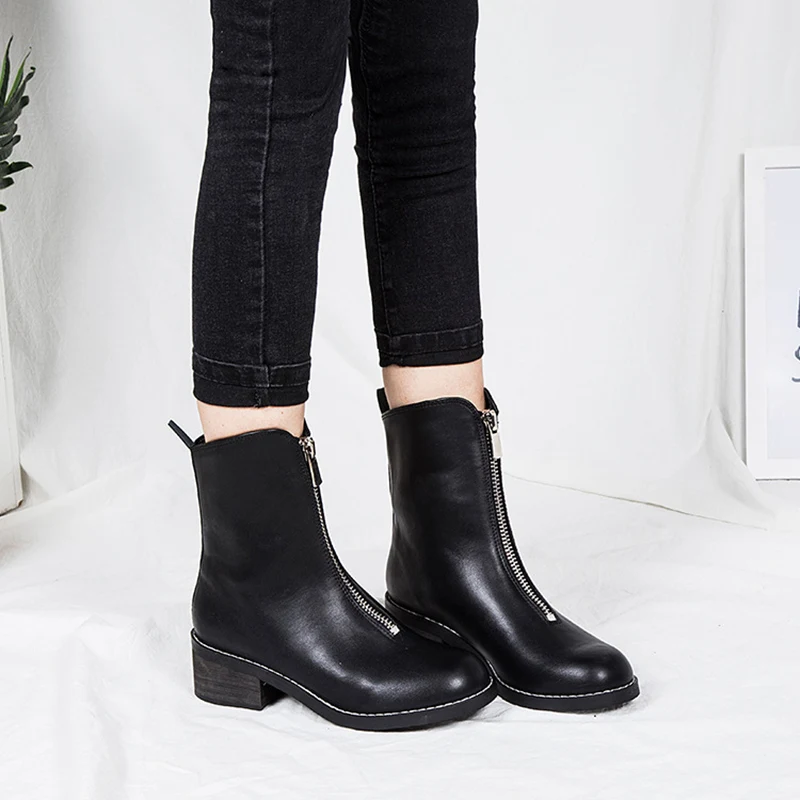 KATELVADI/черные ботинки из искусственной кожи ботильоны для женщин на квадратном каблуке 4,5 см с молнией спереди роскошная брендовая обувь женская K-517