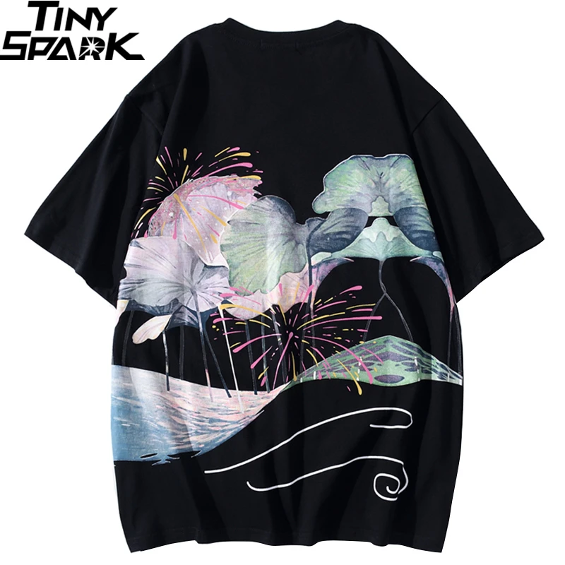 

2020 Chinese Style Streetwear T Shirt Hip Hop Men Harajuku Tshirt Lotus Leaf Print Summer Short Sleeve T-Shirt Cotton Tops Tees