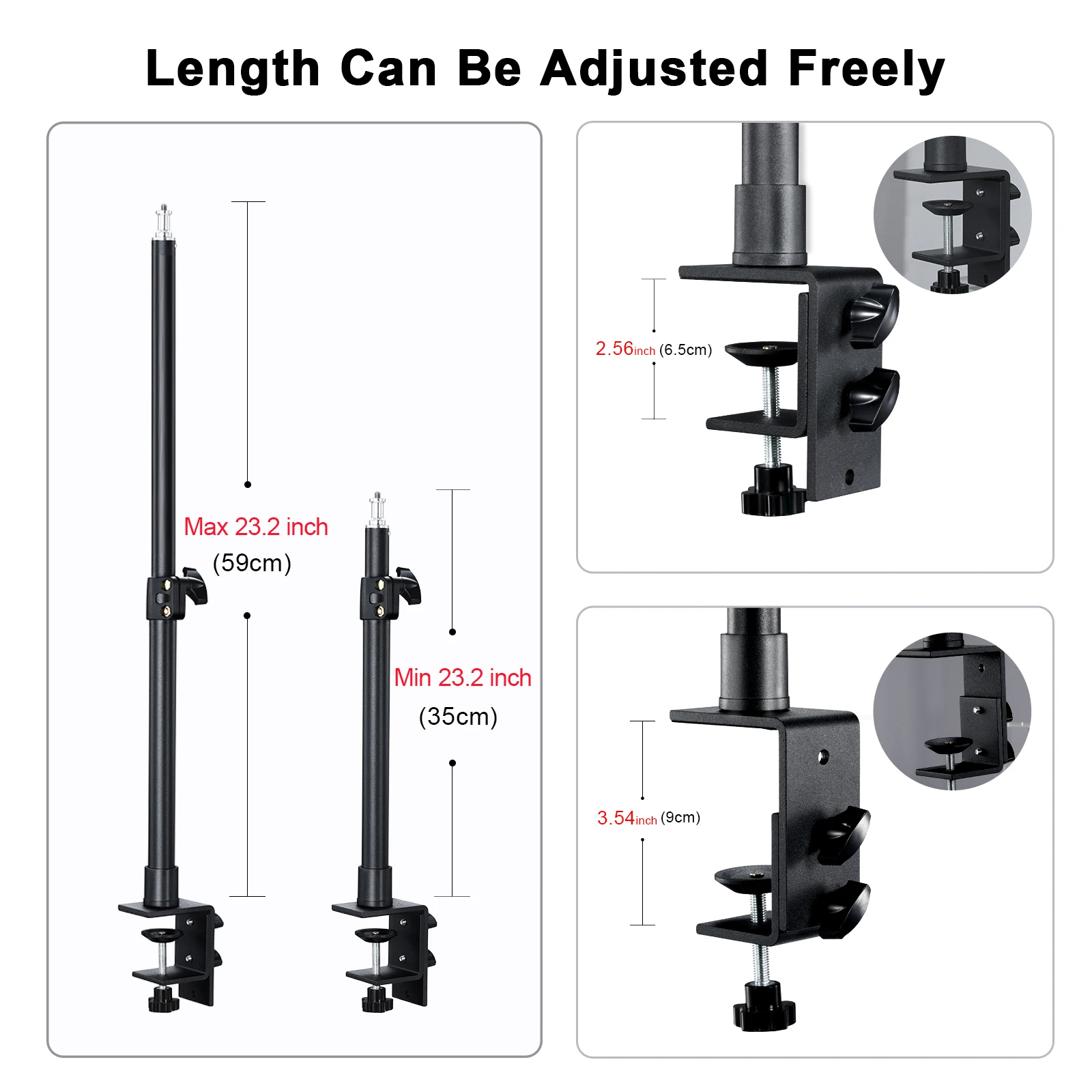 Tabletop Light Stand Clip Stand 1/4 Screw LED Ring Light Adjustable 32-52cm Live Streaming Photo Video